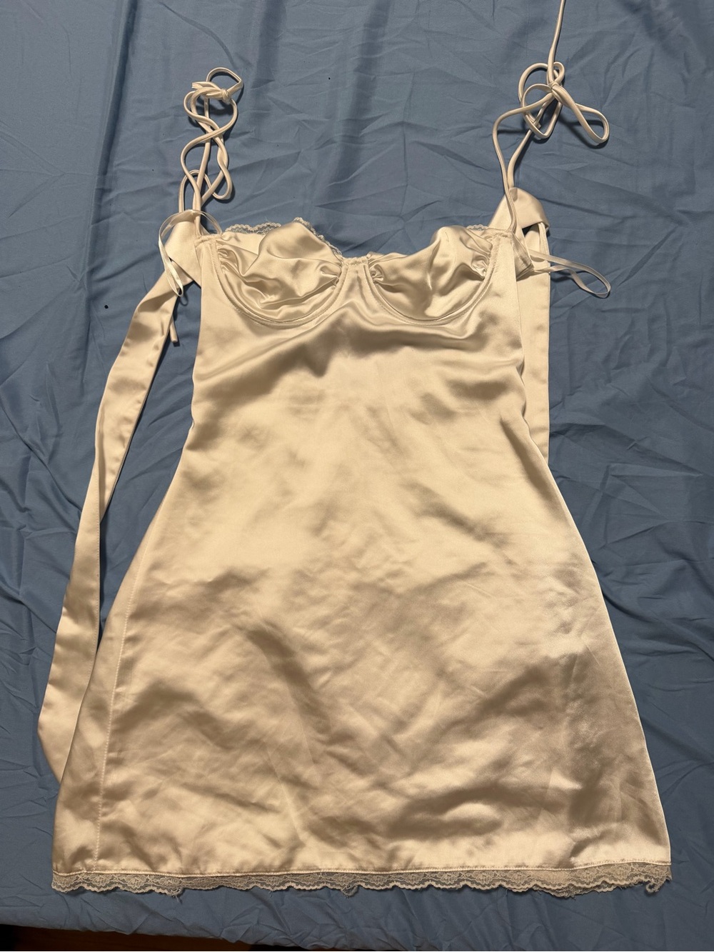 Princess Polly Cream Satin Slip Dress with Lace Trim